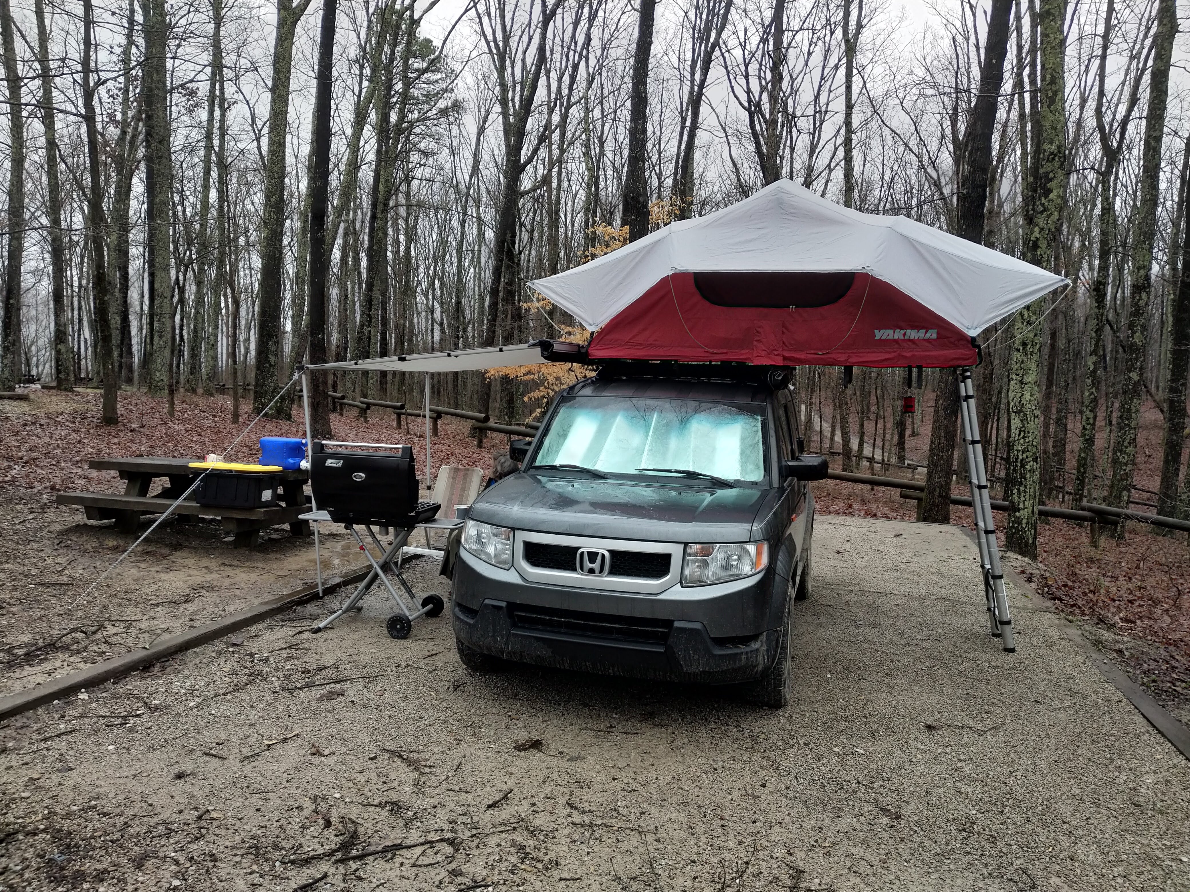 Yakima SkyRise in winter rain camping